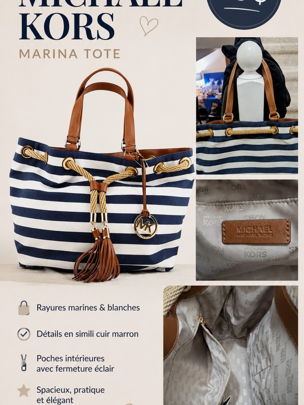 Michael Kors Navy and White Striped Marina Tote with Brown Trim